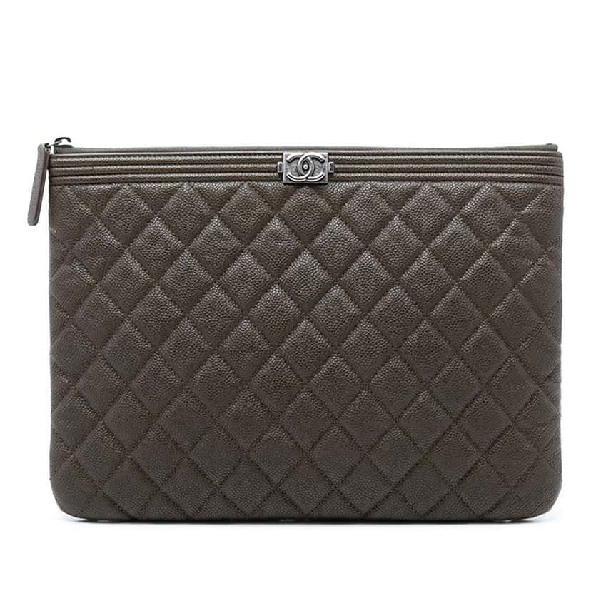 Chanel Medium Quilted Caviar Boy O Case Clutch Brown Leather Very good condition - Front View