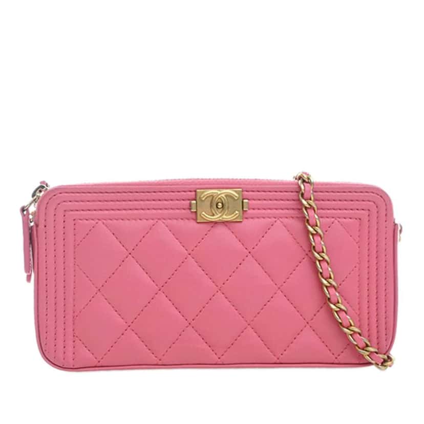 Chanel Quilted Lambskin Boy Double Zip Wallet On Chain Pink Leather Very good condition - Front View
