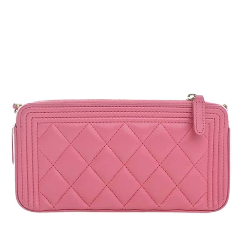 Chanel Quilted Lambskin Boy Double Zip Wallet On Chain Pink Leather Very good condition - Back View