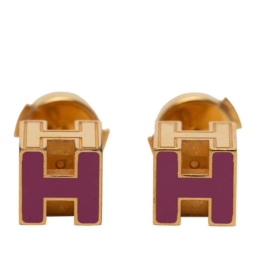 Hermès Gold Plated Enamel Cage dH Cube Push Back Earrings Purple Metal Very good condition - Front View