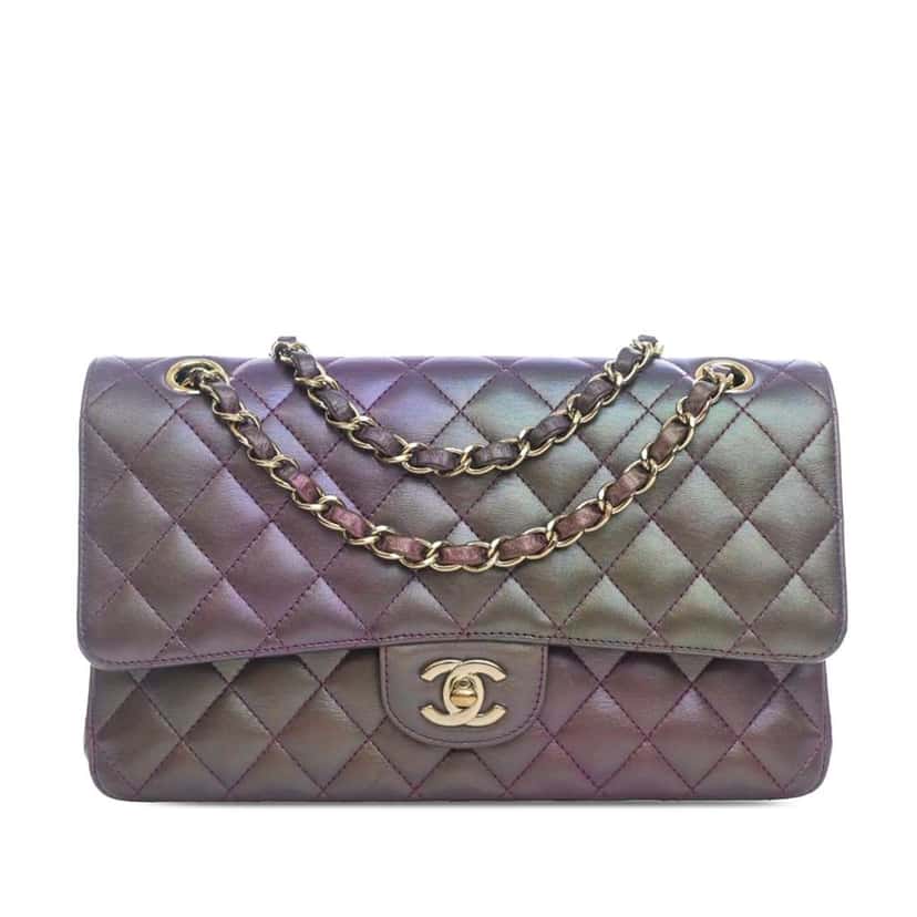 Chanel Medium Classic Iridescent Lambskin Double Flap Purple Leather Very good condition - Front View
