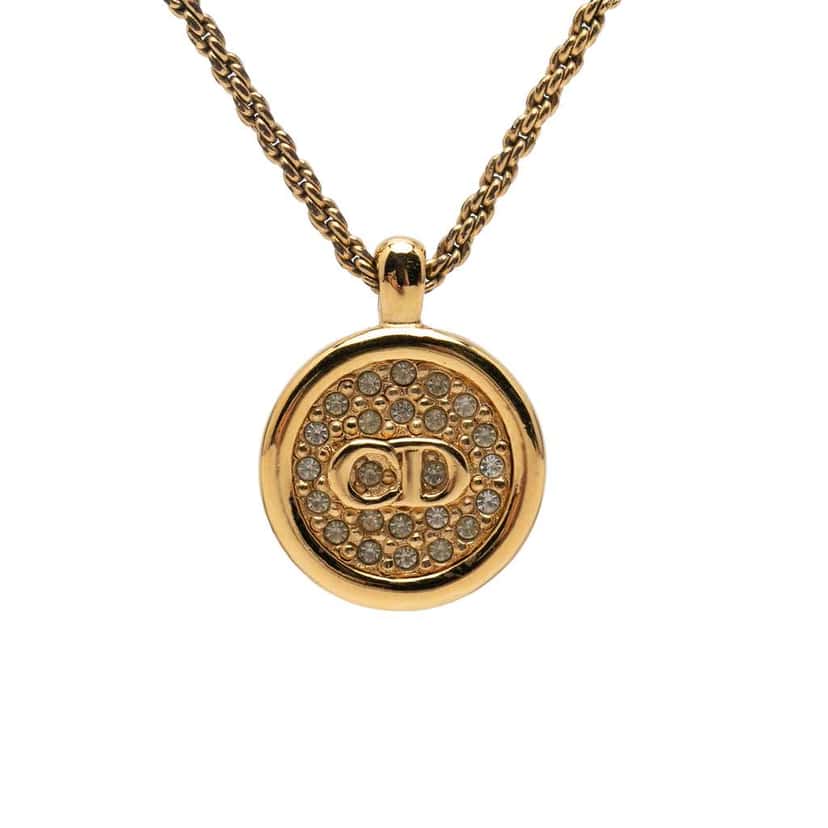 Dior Gold Plated Strass CD Round Pendant Necklace Gold Metal Very good condition - Front View