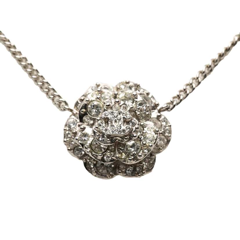 Chanel Brass and Strass Camellia Pendant Necklace Silver Brass Very good condition - Front View