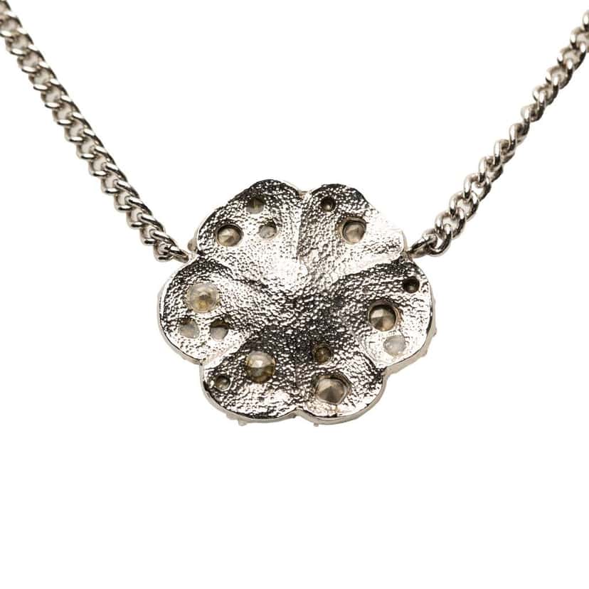 Chanel Brass and Strass Camellia Pendant Necklace Silver Brass Very good condition - Back View
