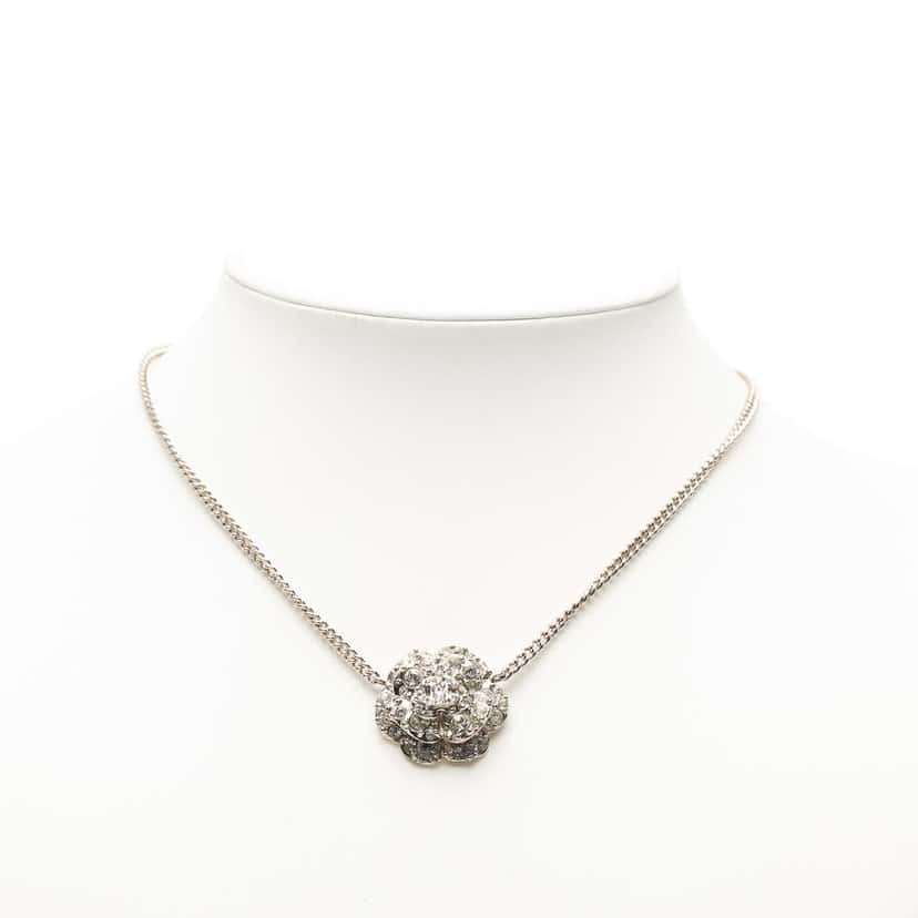 Chanel Brass and Strass Camellia Pendant Necklace Silver Brass Very good condition - Model View