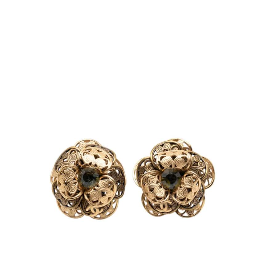 Chanel CC Gold Plated Camellia Clip On Earrings Gold Metal Very good condition - Front View