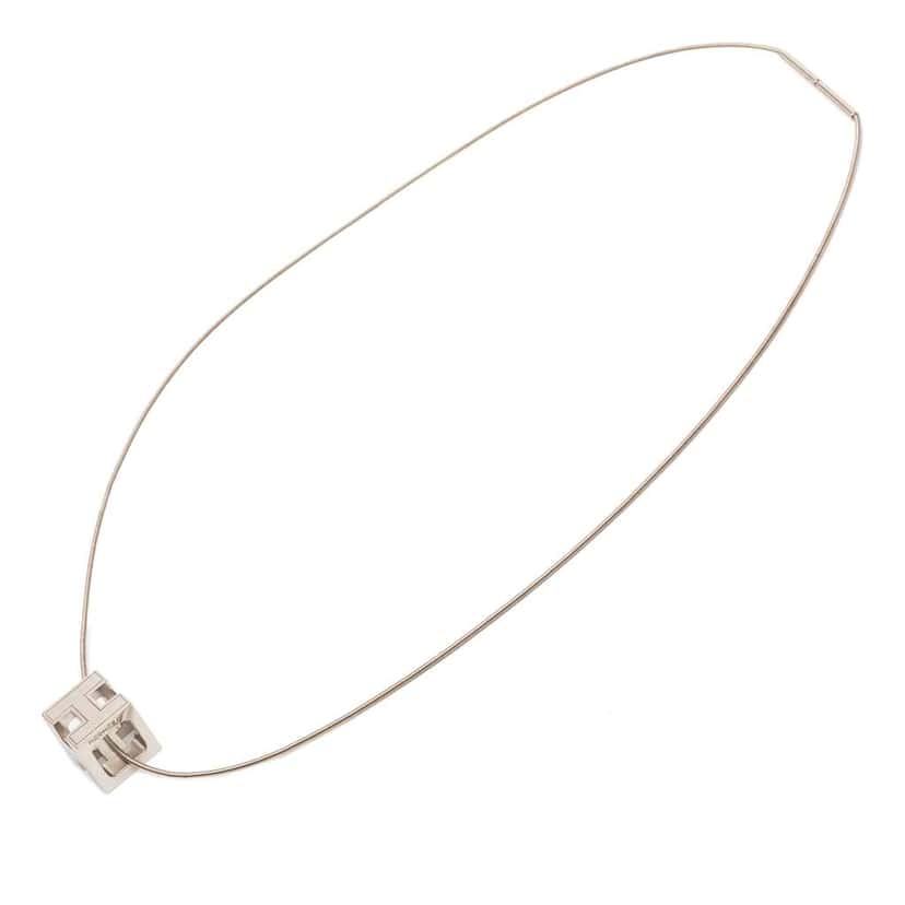 Hermès Palladium Plated Enamel Cage dH Cube Necklace Silver Metal Very good condition - Front View