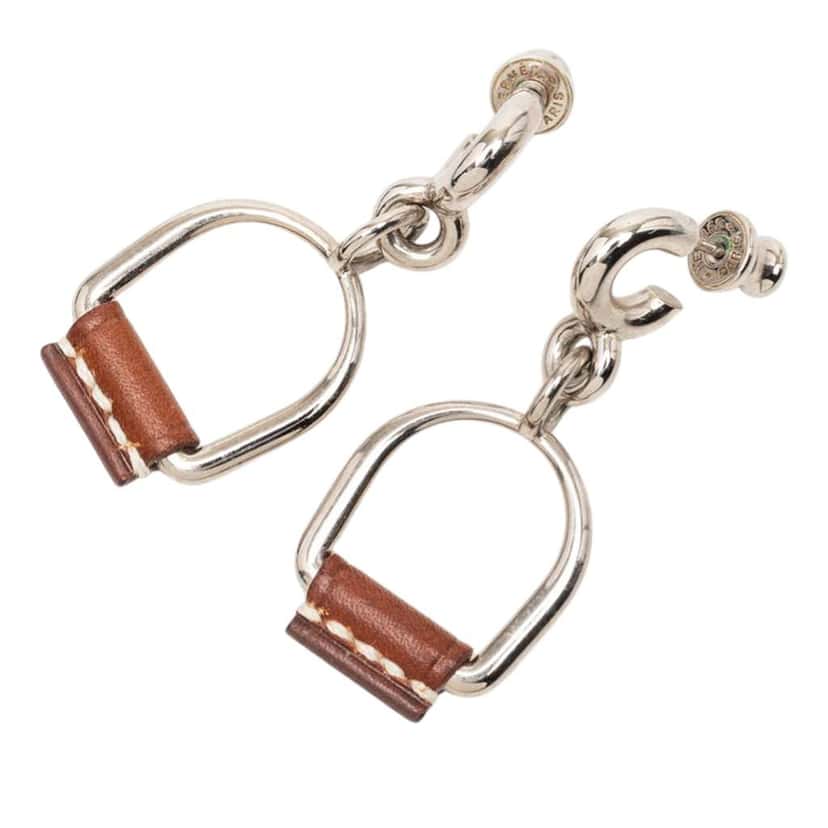 Hermès Silver Plated and Swift Leather Equestre Etrier Push Back Earrings Silver Metal Very good condition - Front View