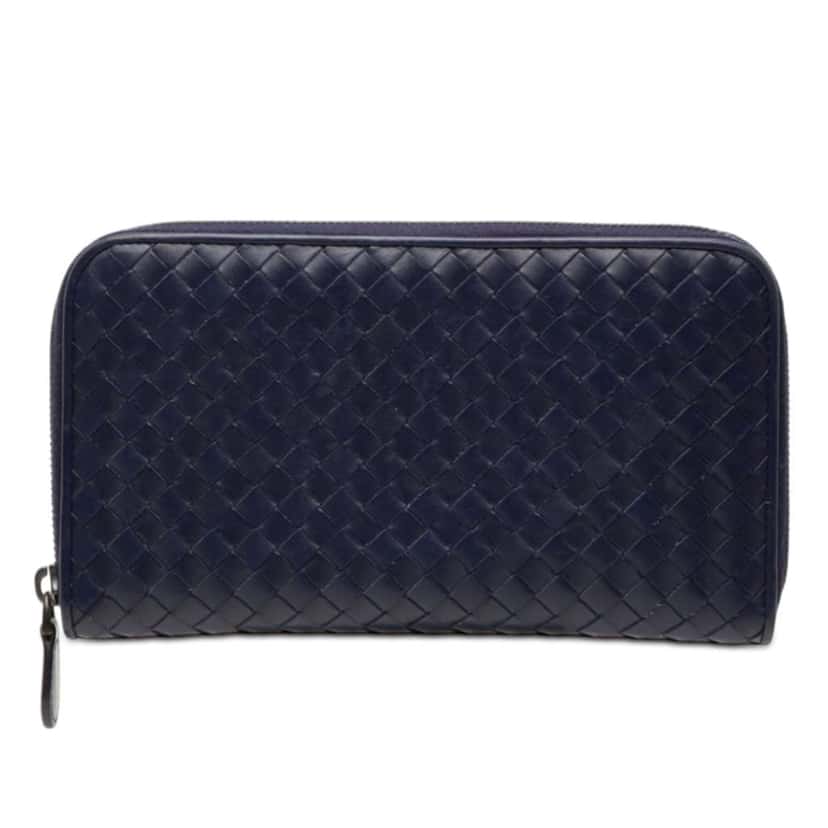 Bottega Veneta Leather Intrecciato Zip Around Wallet Blue Leather Very good condition - Front View
