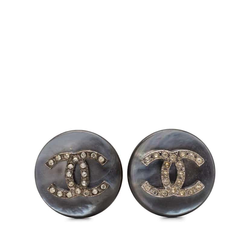 Chanel CC Faux Pearl Strass Clip On Earrings Grey Very good condition - Front View