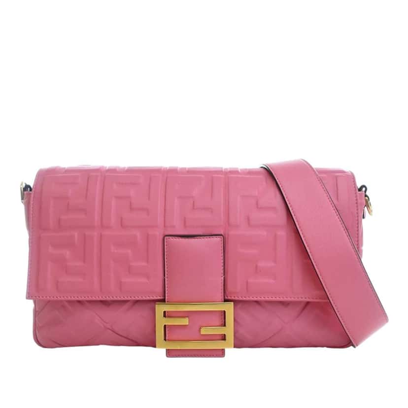 Fendi Large Zucca Embossed Leather Baguette Satchel Pink Leather Very good condition - Front View