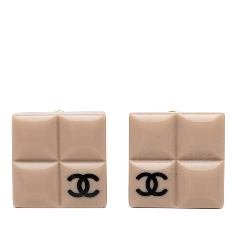 Chanel Resin CC Chocolate Bar Clip On Earrings Beige Very good condition - Front View