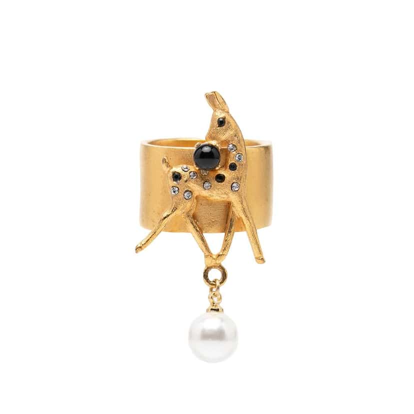 Chanel Gold Plated Rhinestone and Faux Pearl Bambi Ring Gold Metal Very good condition - Front View