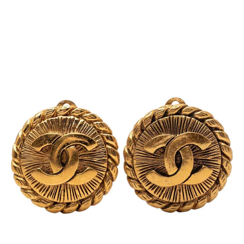Chanel CC Gold Plated Sunburst Round Clip On Earrings Gold Metal Very good condition - Front View