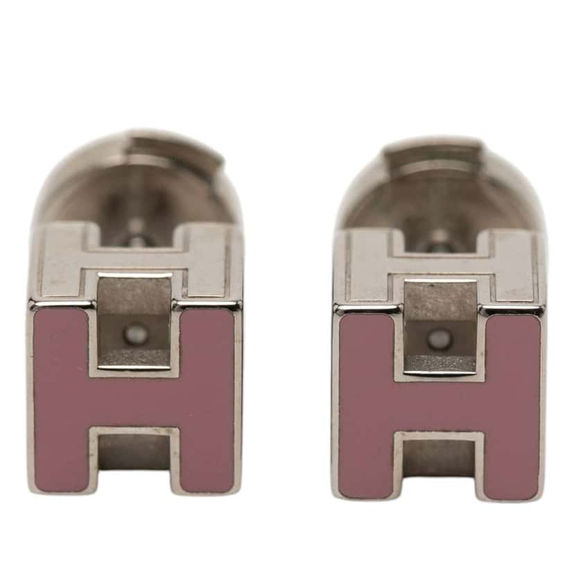 Hermès Palladium Plated Enamel Cage d H Push Back Earrings Pink Metal Very good condition - Front View