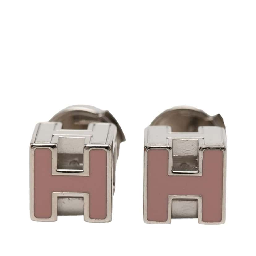 Hermès Palladium Plated and Enamel Cage D H Push Back Earrings Pink Metal Very good condition - Front View