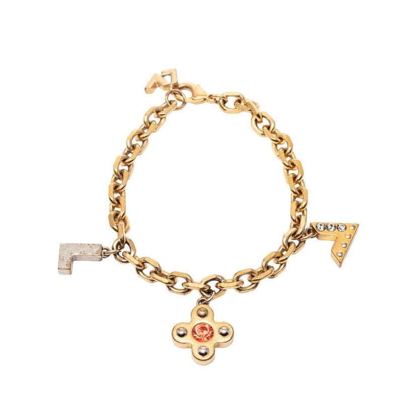 Louis Vuitton Gold Plated Brass and Strass Love Letters Charm Bracelet Gold Metal Very good condition - Front View