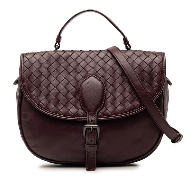 Bottega Veneta Intrecciato Trimmed Leather Double Sided Flap Satchel Red Leather Very good condition - Front View
