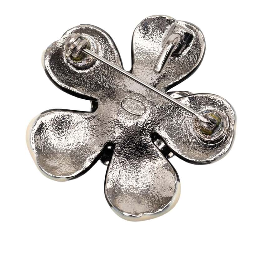 Chanel CC Enamel and Plated Brass Flower and Lady Bug Brooch Black Very good condition - Back View