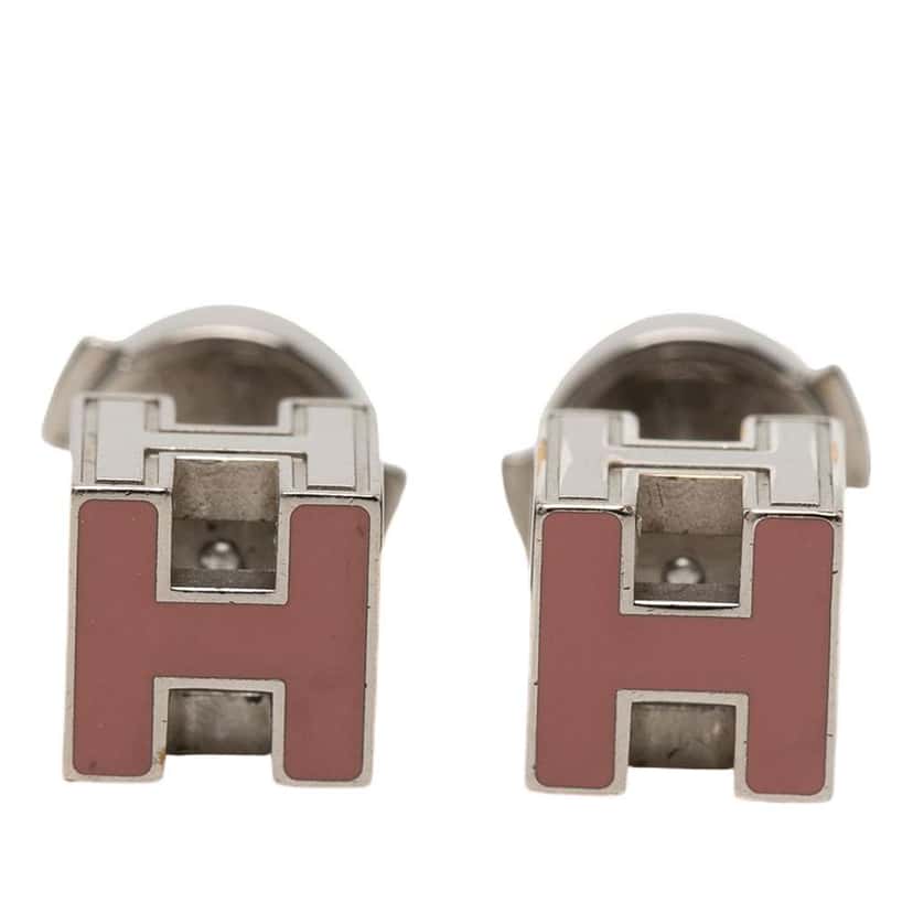 Hermès Palladium Plated Enamel Cage dH Cube Push Back Earrings Pink Metal Very good condition - Front View
