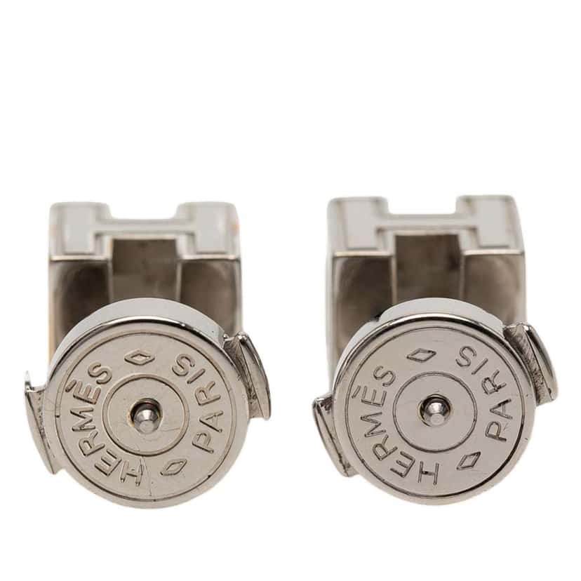 Hermès Palladium Plated Enamel Cage dH Cube Push Back Earrings Pink Metal Very good condition - Back View