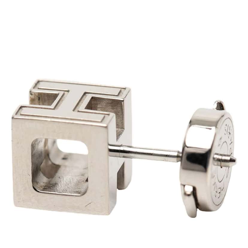 Hermès Palladium Plated Enamel Cage dH Cube Push Back Earrings Pink Metal Very good condition - Inside View