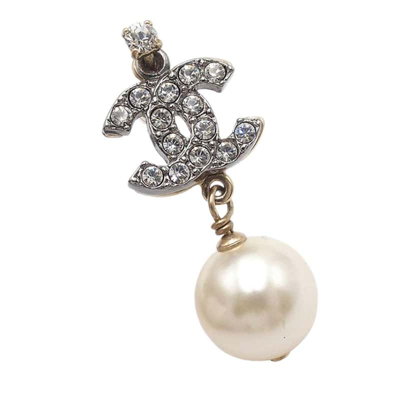 Chanel CC Gold Plated Strass Faux Pearl Drop Push Back Earrings Gold Metal Very good condition - Inside View