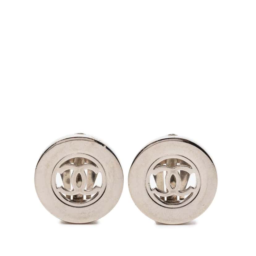 Chanel CC Brass Plated Round Clip On Earrings Silver Brass Very good condition - Front View