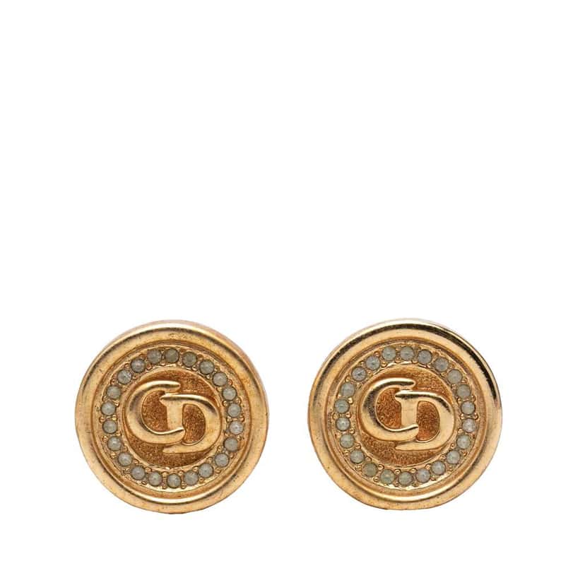 Dior Gold Plated Strass CD Logo Clip On Earrings Gold Metal Very good condition - Front View