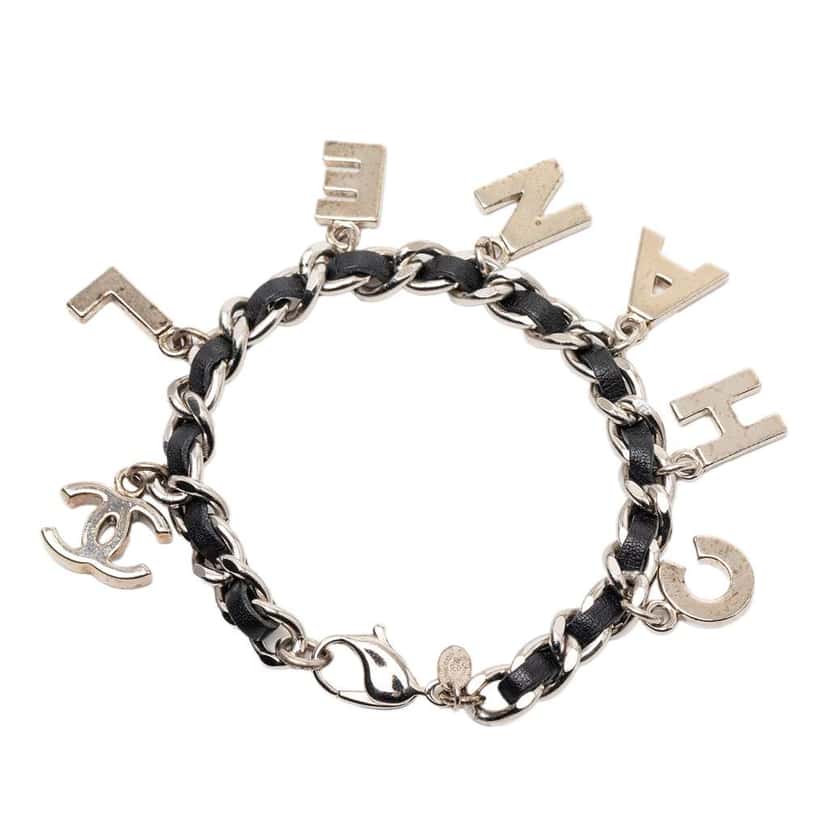 Chanel Silver Plated and Leather Woven Logo Charm Bracelet Silver Metal Very good condition - Inside View