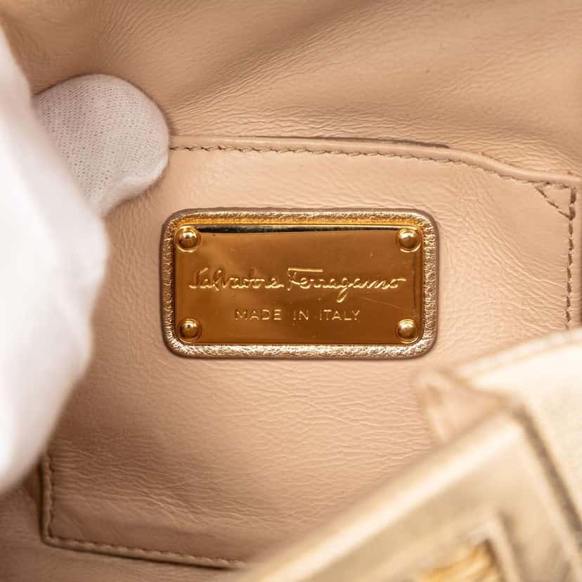 Salvatore Ferragamo Mini Metallic Woven Leather Gancini Sofia Satchel Gold Leather Very good condition - Box View