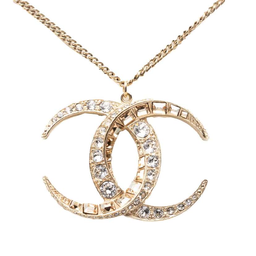 Chanel CC Gold Plated Strass Moon Pendant Necklace Gold Metal Very good condition - Front View