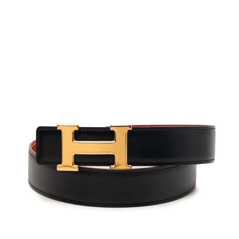 Hermès Box Calf and Gulliver Constance H Reversible Belt Black Leather Very good condition - Front View