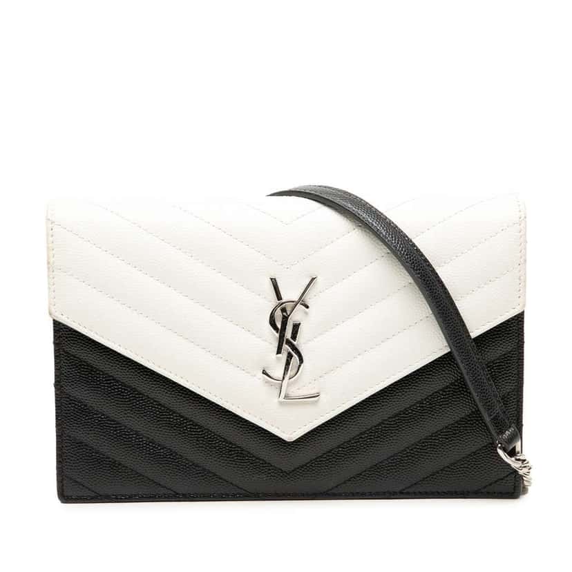 Saint Laurent Bicolor Grain De Poudre Cassandre Envelope Chain Wallet Black Leather Very good condition - Front View