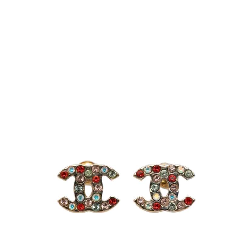 Chanel CC Gold Plated Strass Bullet Back Earrings Gold Metal Very good condition - Front View