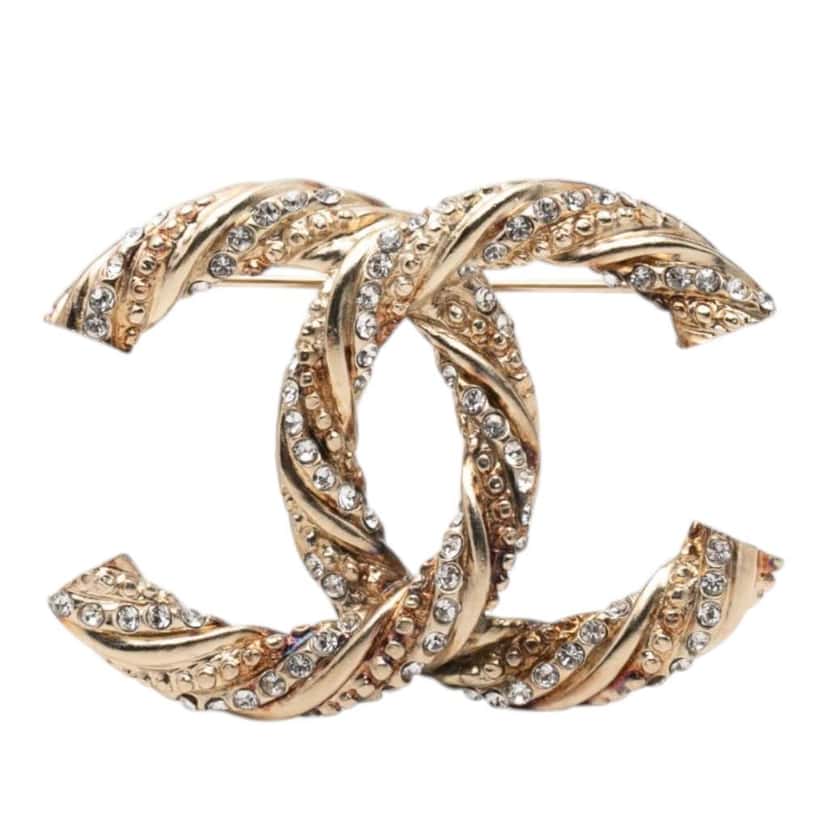 Chanel Gold Plated Twisted CC Crystal Pin Brooch Gold Metal Very good condition - Front View