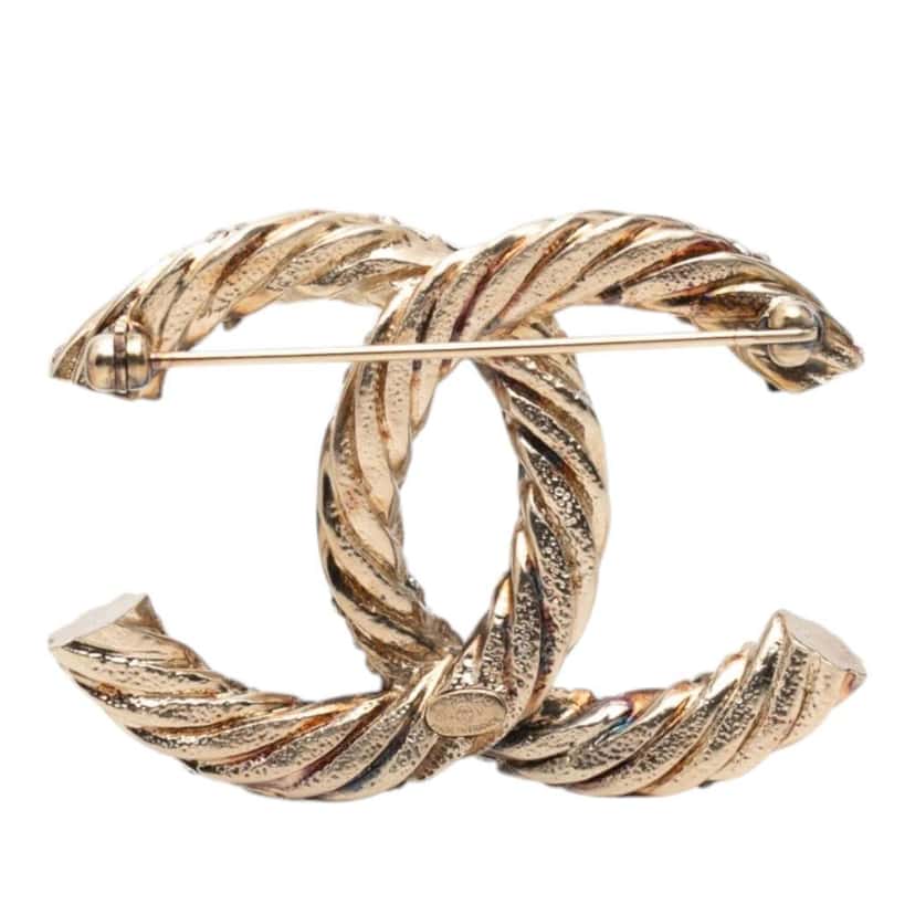 Chanel Gold Plated Twisted CC Crystal Pin Brooch Gold Metal Very good condition - Back View