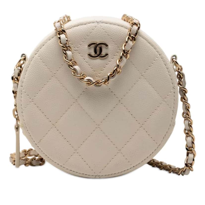 Chanel CC Quilted Caviar Round Clutch With Chain White Leather Very good condition - Front View