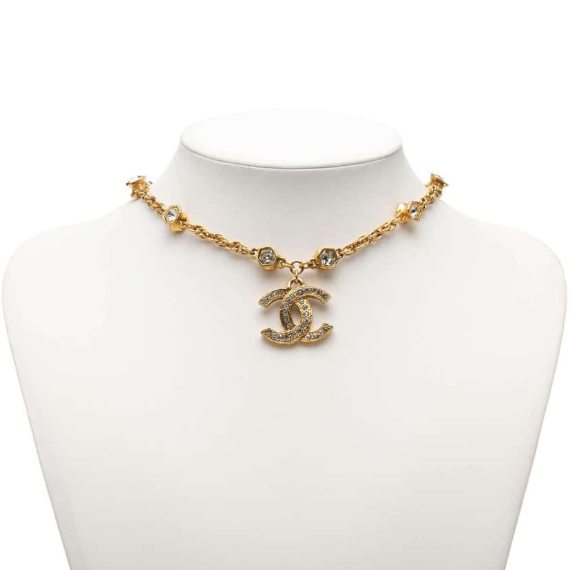 Chanel CC Gold Plated Strass Pendant Necklace Gold Metal Very good condition - Box View