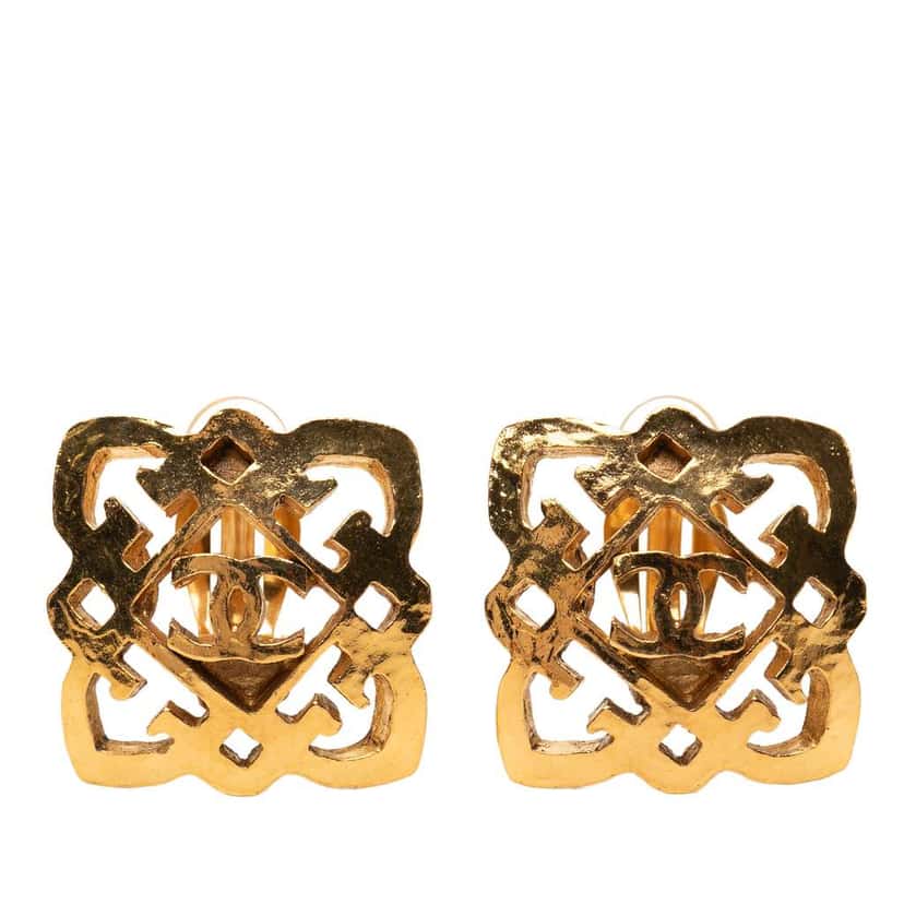 Chanel Gold Plated CC Square Clip On Earrings Gold Metal Very good condition - Front View