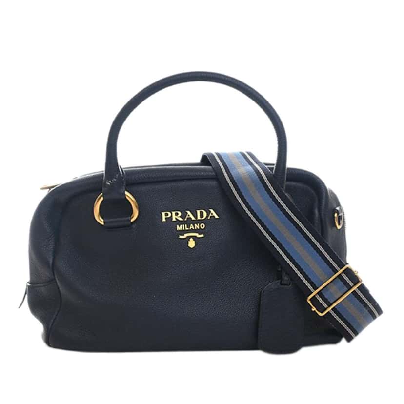Prada Vitello Phenix Bauletto Satchel Blue Leather Very good condition - Front View