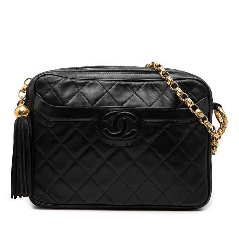 Chanel CC Quilted Lambskin Tassel Camera Bag Black Leather Very good condition - Front View