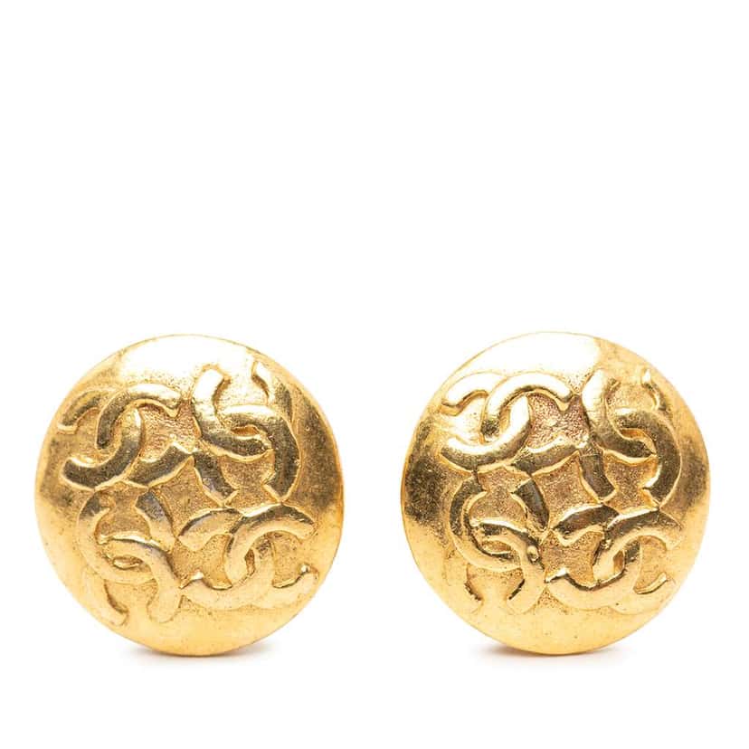 Chanel CC Gold Plated Round Clip On Earrings Gold Metal Very good condition - Front View
