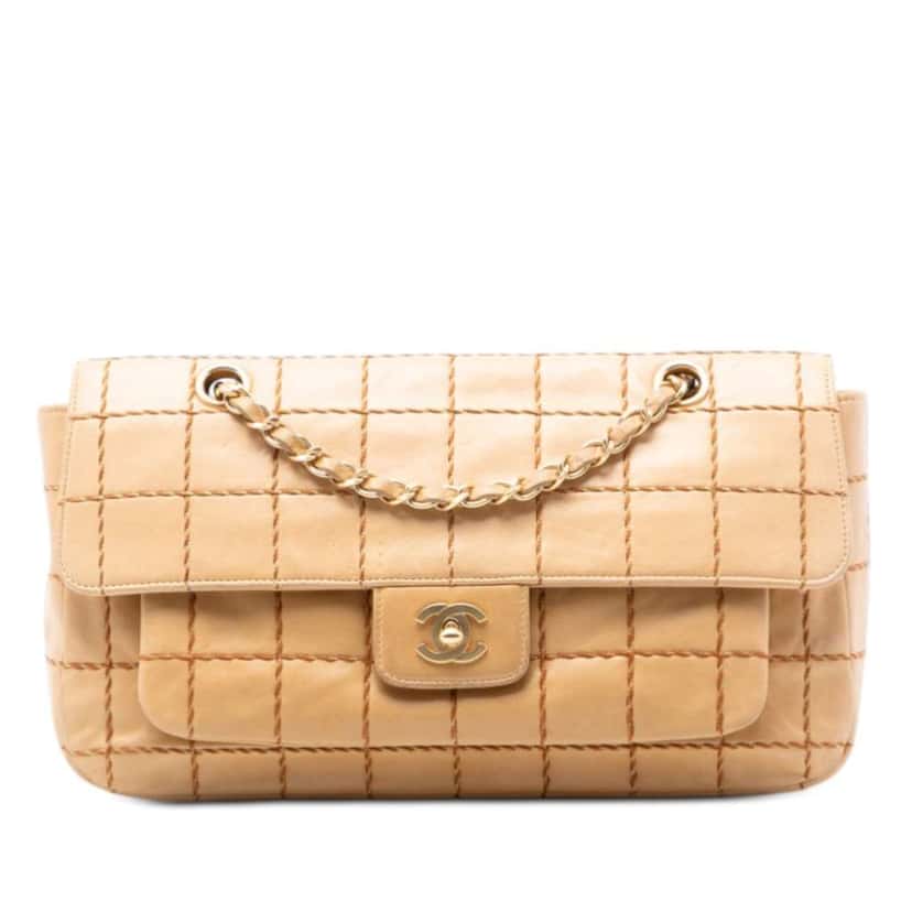 Chanel Chocolate Bar Lambskin Wild Stitch Chain Flap Beige Leather Very good condition - Front View