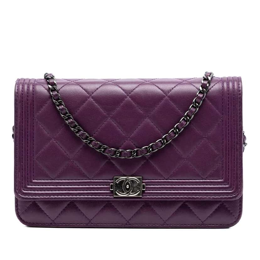 Chanel Quilted Lambskin Boy Wallet on Chain Purple Leather Very good condition - Front View