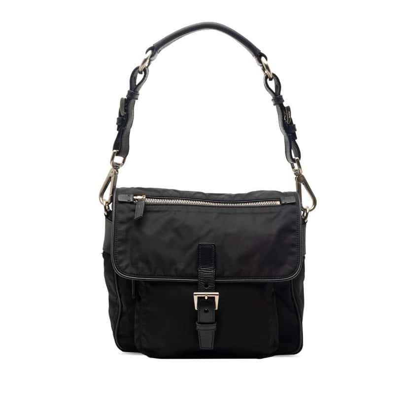 Prada Saffiano Trimmed Tessuto Shoulder Bag Black Very good condition - Front View