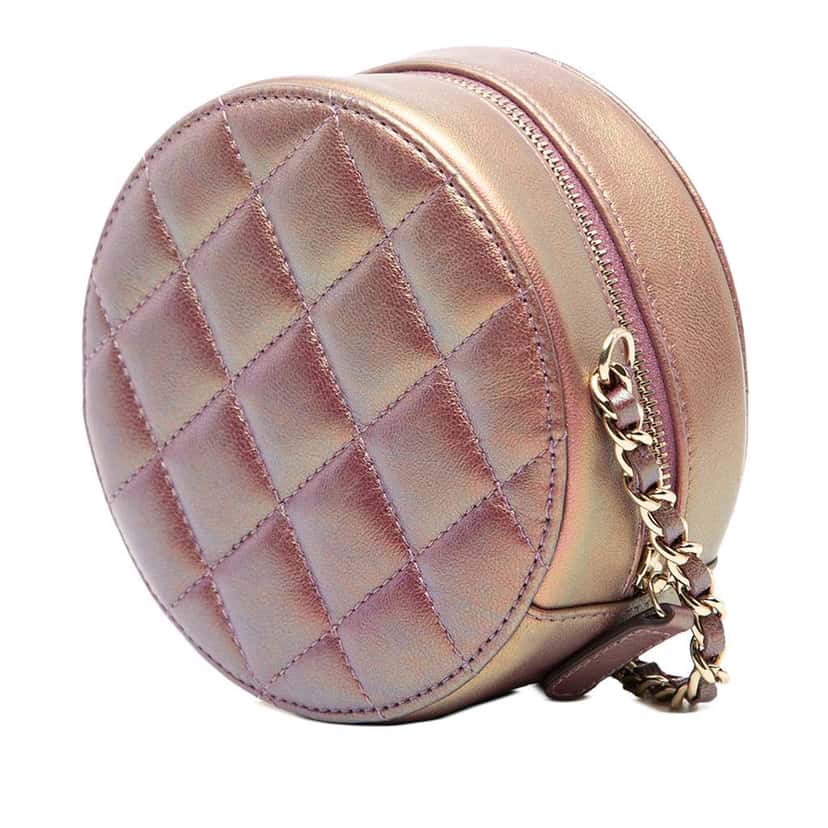 Chanel Quilted Iridescent Lambskin Round Clutch With Chain Purple Leather Very good condition - Back View