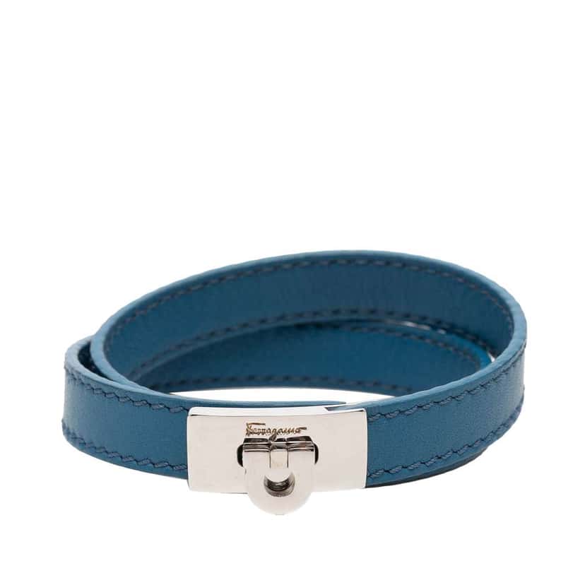 Salvatore Ferragamo Leather Gancini Lock Double Wrap Bracelet Blue Leather Very good condition - Front View