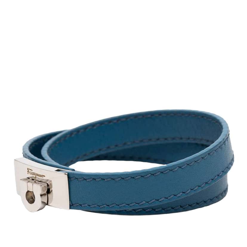 Salvatore Ferragamo Leather Gancini Lock Double Wrap Bracelet Blue Leather Very good condition - Back View