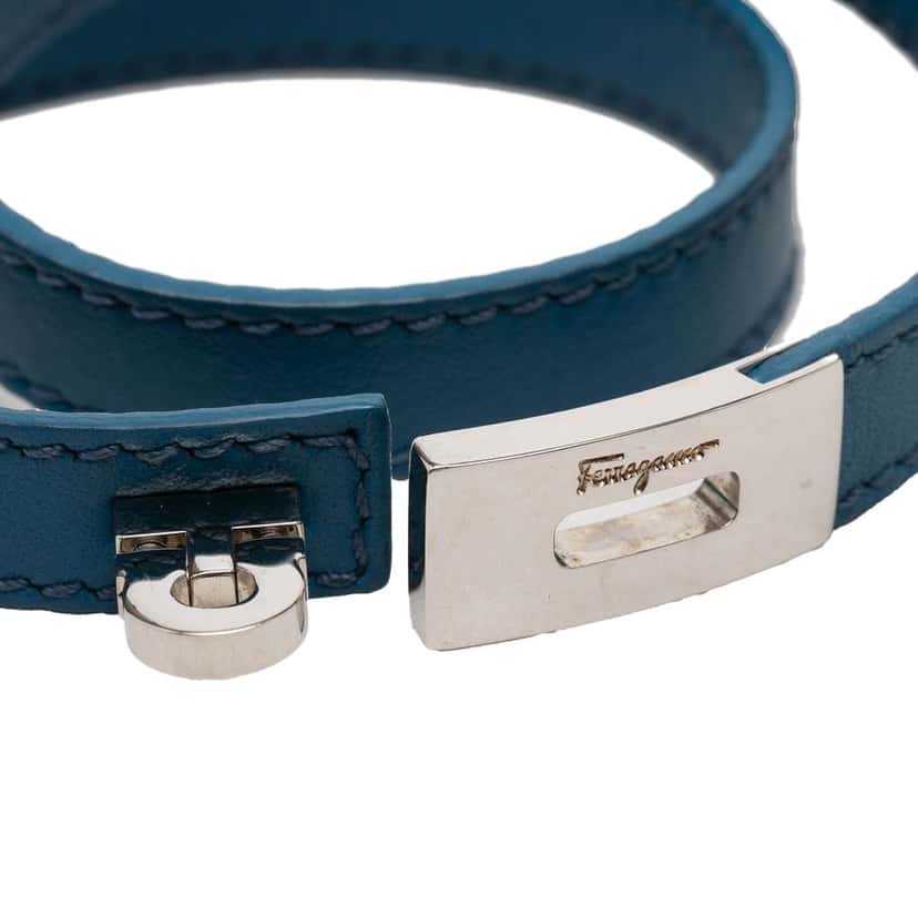 Salvatore Ferragamo Leather Gancini Lock Double Wrap Bracelet Blue Leather Very good condition - Box View